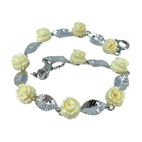 Lovely Rose and Leaf Chain Bone and Sterling Silver Signed Bracelet, 7.75in, 8.01g