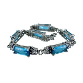 Beautiful FIJI Blue Princess Cut Rhinestone Sterling Silver Bracelet, 7.5in, 14.78