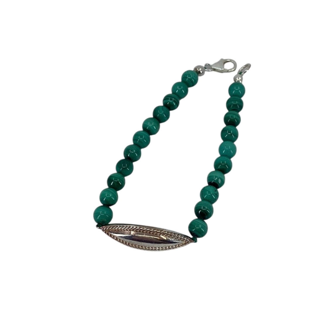 DJoy Malachite Bead Sterling Silver Bracelet, 7.5in, 13.48g: DJoy Malachite Bead Sterling Silver Bracelet, 7.5in, 13.48g, Engraved "DJoy 925"