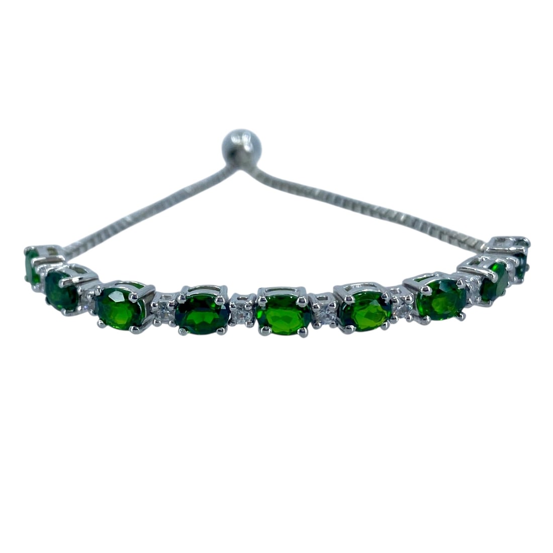 Elegant Emerald and Topaz Sterling Silver Box Chain Adjustable Bracelet, 10in, 7.29g (1 of 6)