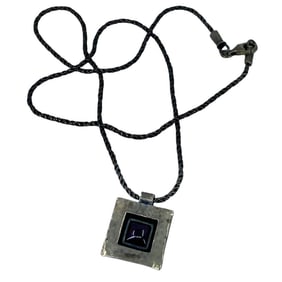 Vintage Sterling Silver Rope Chain Square Hammered Pendant Red Stone, 17.75in, 10.62g