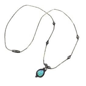 Vintage Sterling Silver Beaded Necklace Opal Teardrop Pendant, 17in, 4.08g