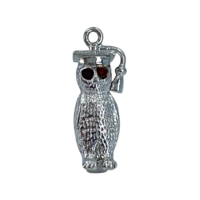 Vintage Sterling Red Rhinestone Wise Owl Charm, 3.92g