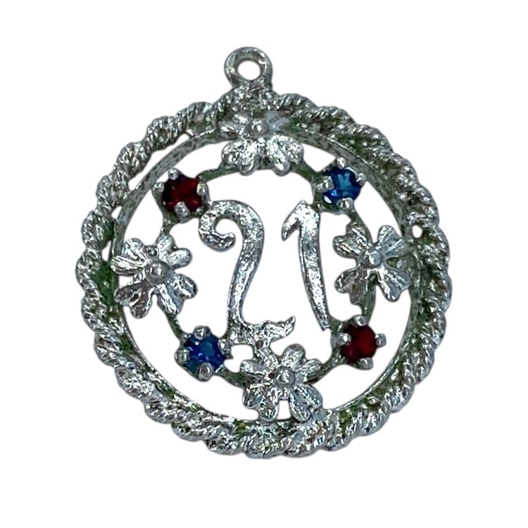 Vintage Floral Sterling Silver 21 Charm Blue and Red Rhinestone, 2.19g: Vintage Floral Sterling Silver 21 Charm w/ Blue and Red Rhinestone, 2.19g