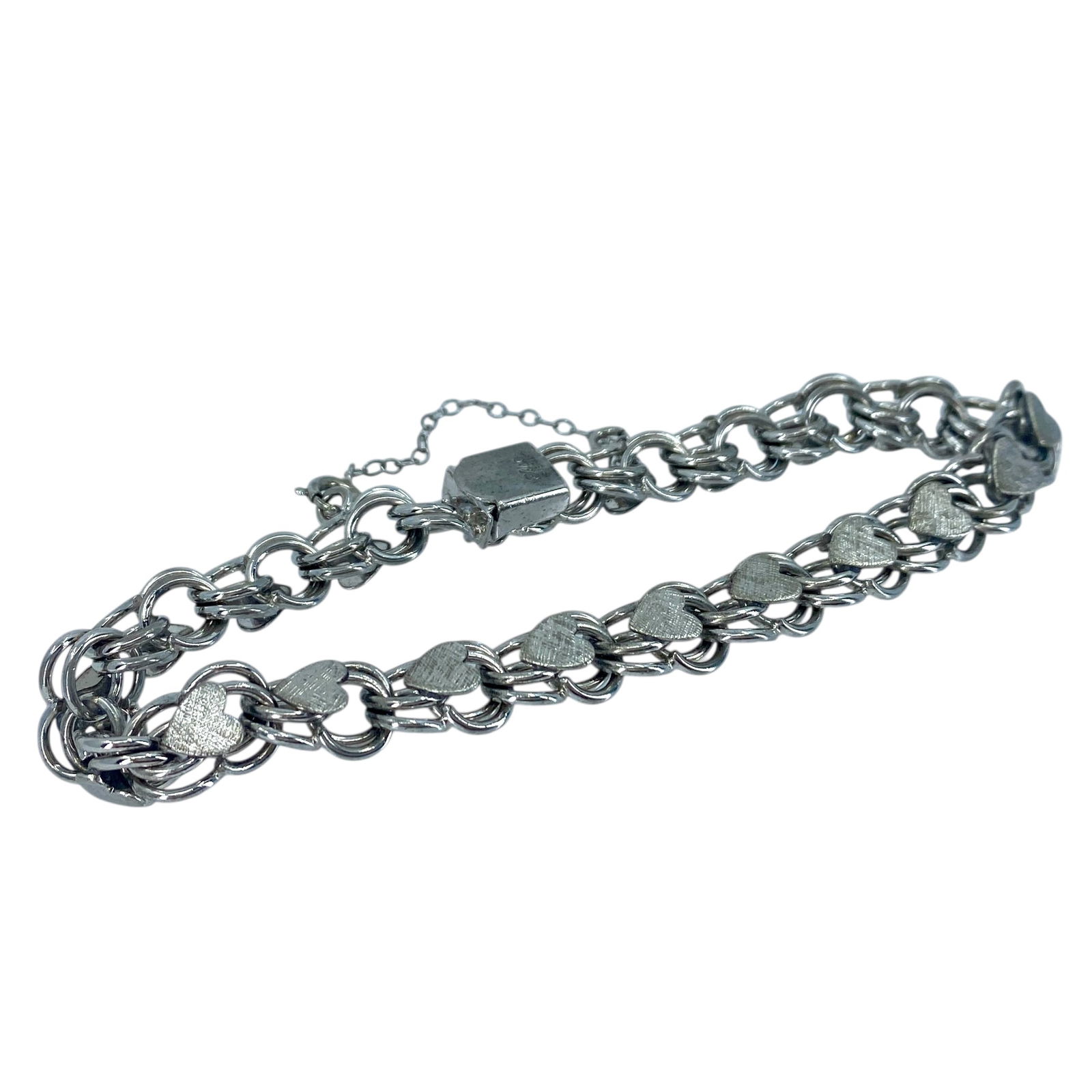 Lovely Triple Curb Heart Style Sterling Silver Signed Bracelet, 8.5in, 19.01g: Lovely Triple Curb Heart Style Sterling Silver Signed Bracelet, 8.5in, 19.01g, Engraved "Elco Sterling"