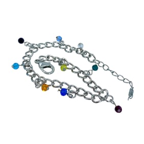 Cute Curb Chain w/ Rainbow Gemstones Sterling Silver Charm Bracelet, 9.75in, 7.09g