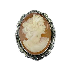 Vintage Cameo Carved Shell Sterling Silver Brooch w/ Marcasite, 4.29g