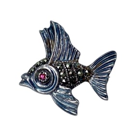Vintage Sterling Silver Fish Signed Brooch w/ Marcasite Red Glass Eye, 2.68g