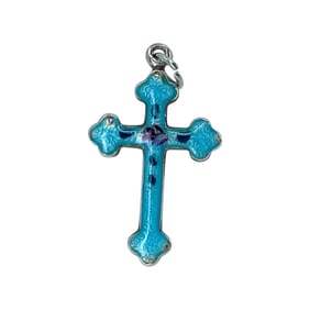 Blue Enamel Sterling Silver Cross Pendant w/ Red Rose Design, 1.98g