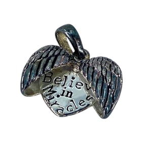 Believe in Miracles Sterling Silver Angel Wing Signed Heart Charm, 3.25g