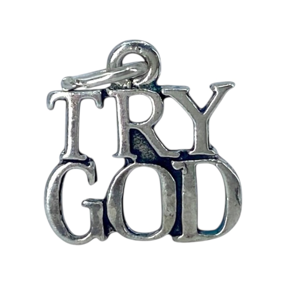 Simple "TRY GOD" Sterling Silver Charm, 0.95g: Simple "TRY GOD" Sterling Silver Charm, 0.95g, Engraved "STER"