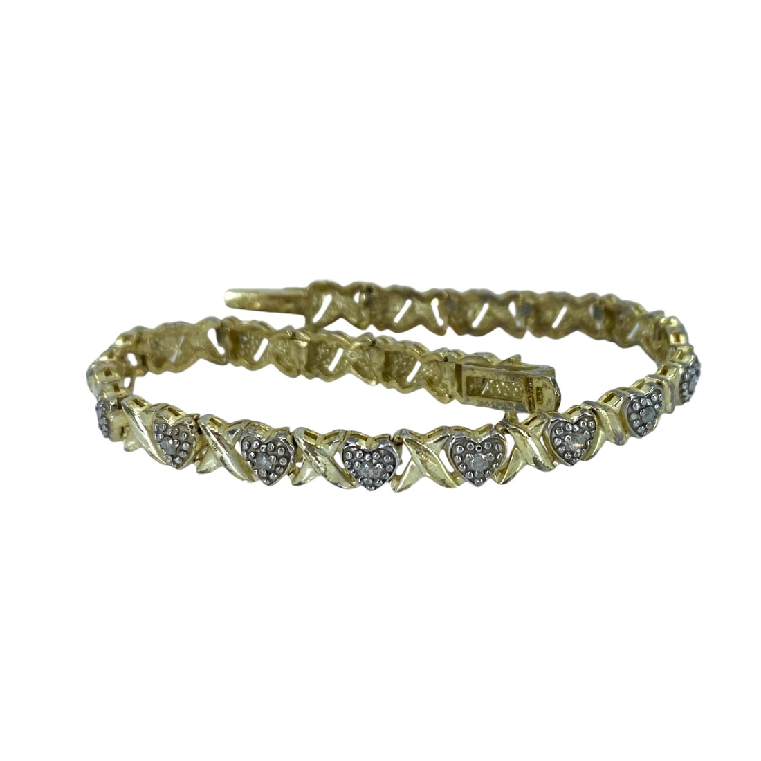 XO Style Heart w/ Diamond Gold Over Sterling Silver FAS Tennis Bracelet, 12.31g: XO Style Heart w/ Diamond Gold Over Sterling Silver FAS Tennis Bracelet, 12.31g, Engraved "925 Thai FAS"