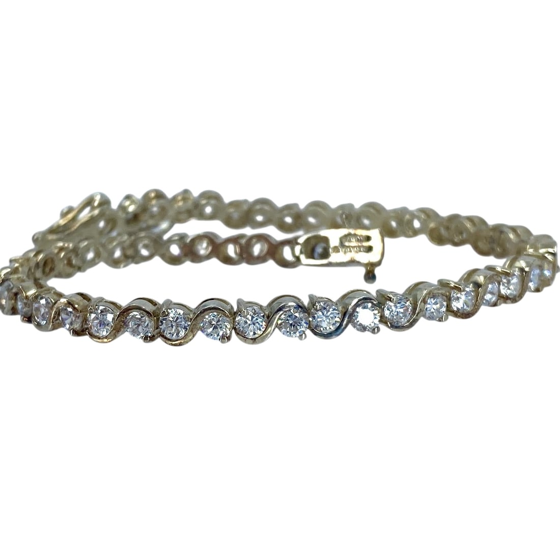Cubic Zirconia Zig-Zag Gold Over Sterling Silver Signed Tennis Bracelet, 12.47g: Cubic Zirconia Zig-Zag Gold Over Sterling Silver Signed Tennis Bracelet, 12.47g, Engraved "925 KOREA DQ CZ"