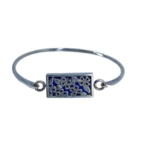 Double Sided Lapis Lazuli Floral Sterling Silver Bangle Hinge Bracelet, 8.48g