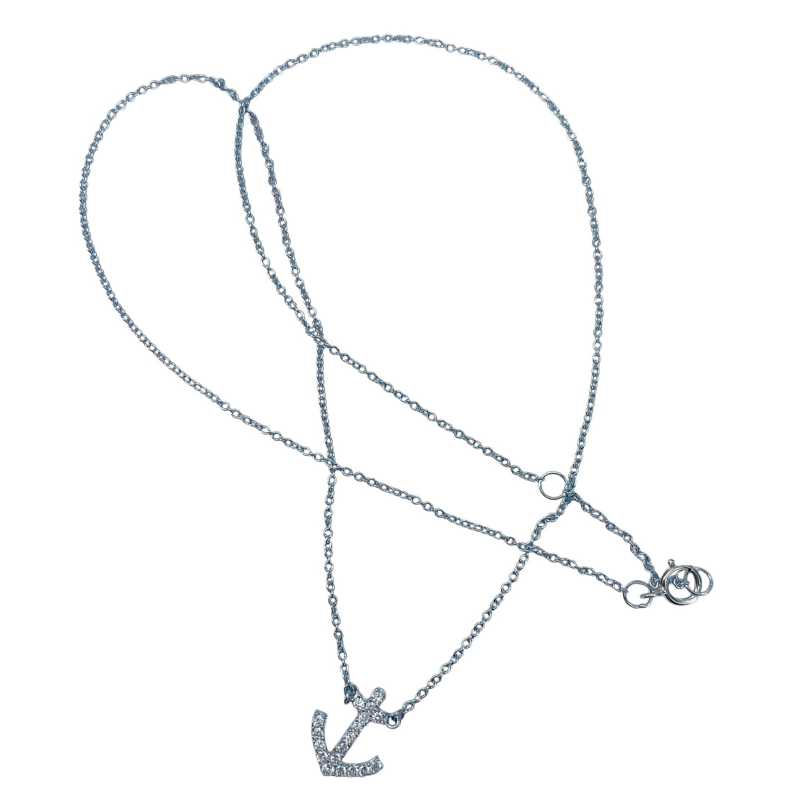 Rhinestone Anchor Charm Sterling Silver Cable Chain Necklace, 17", 1.67g (1 of 3)