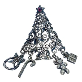Vintage Sterling Silver Christmas Tree Charms Red Glass Bead Signed Brooch, 13.43g