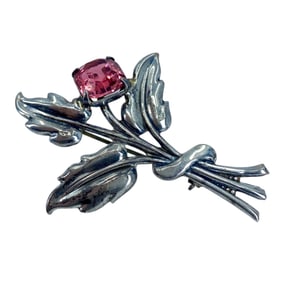 Vintage Sterling Silver Floral Coral Pink Rhinestone Brooch, 7.44g