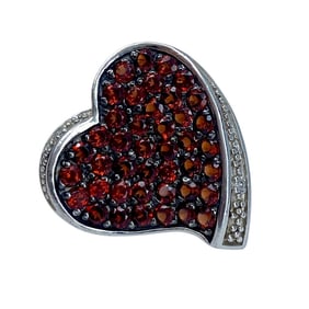 Heart Sterling Silver Diamond & Red Rhinestone Signed Pendant, 2.75g