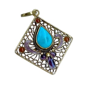 Diamond Shaped Filigree Turquoise Multi-Stone Gold Over Sterling Silver Pendant, 1.2g