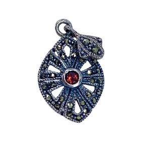 Vintage Marcasite Red Stone Marquise Shaped Sterling Silver Pendant, 2.58g