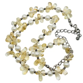 Sterling Pearl And Quartz Adjustable Chain Necklace