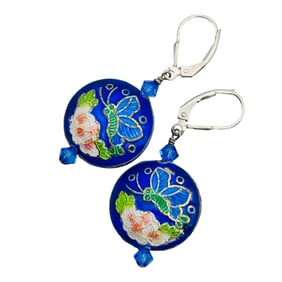 Sterling Cloisonne Enamel Butterfly And Flower Lever Back Earrings