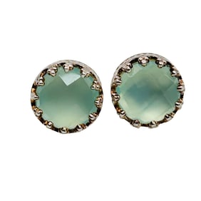 Sterling Aqua Chalcedony Stud Earrings Crown Setting