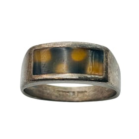 Sterling Inlay Black And Yellow Stone Flat Face Ring Size 8