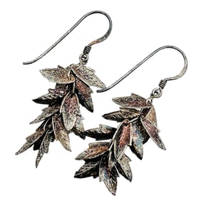 Sterling Leaf Cluster Dangle Hook Back Earrings