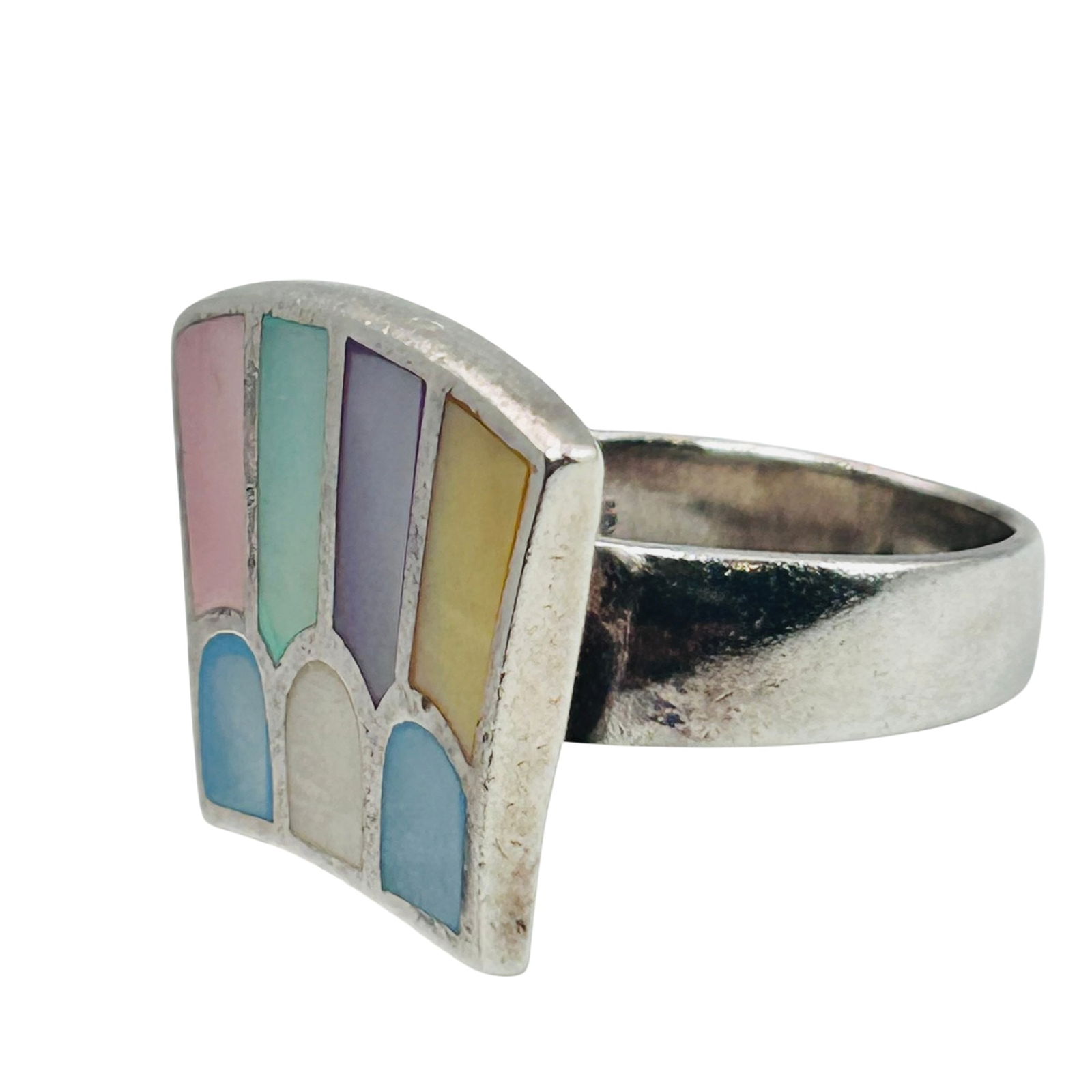 Sterling Multicolor Mother Of Pearl Flat Face Ring Size 8.5: Sterling Multicolor mother of pearl flat face ring Size 8.5 10.5g