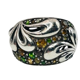 Signed Sterling Citrine And Emerald Cluster Ring Sz 7