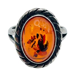 Sterling Amber Oval Ring. Size 6