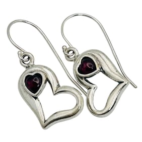 Israel PZ Sterling Garnet Heart Hook Back Earrings
