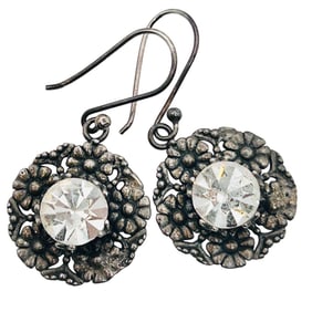 Neta Sterling Rhinestone Flower Design Hook Back Earrings