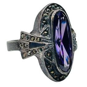 Sterling Amethyst And Marcasite Oval Statement Ring Size 8.5