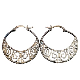 Sterling Round Swirl Design Hinge Back Earrings