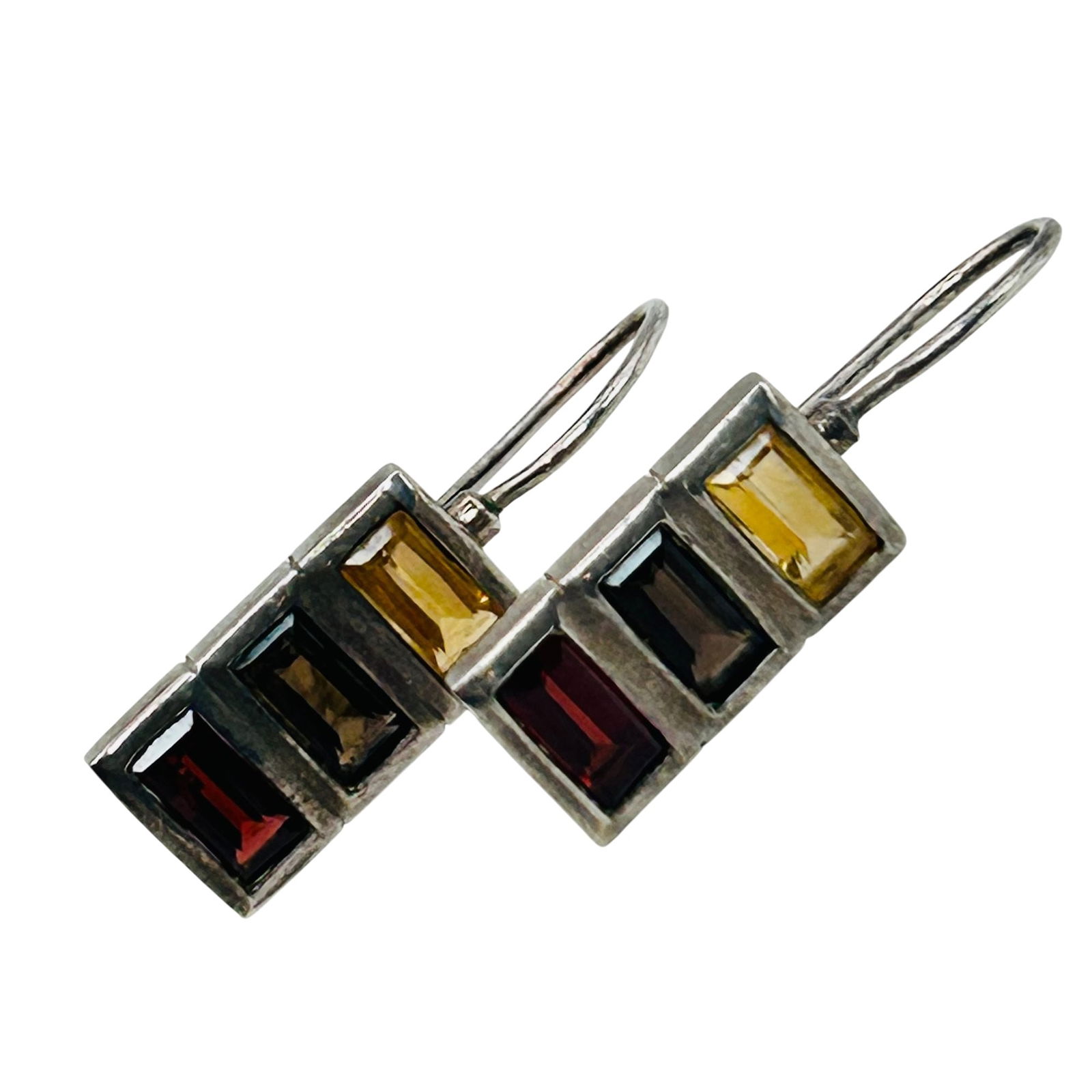 Sterling Amber Three Stone Hook Back Earrings: Sterling Amber three stone hook back earrings 3.4g