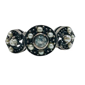 Sterling Pearl And Topaz Swirl Design Ring Size 7