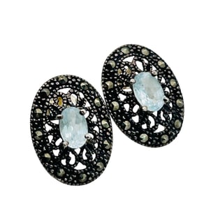 Sterling Topaz And Marcasite Oval Stud Earrings