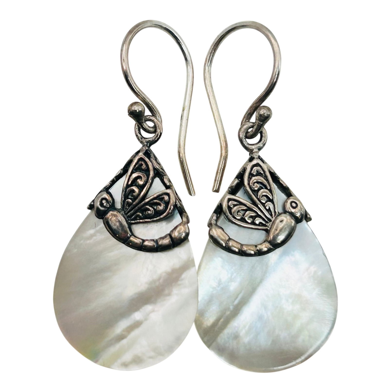 ATI Sterling Mother Of Pearl Dragonfly Dangle Earrings: ATI ID mother of pearl Sterling dragonfly dangle earrings 3.46g