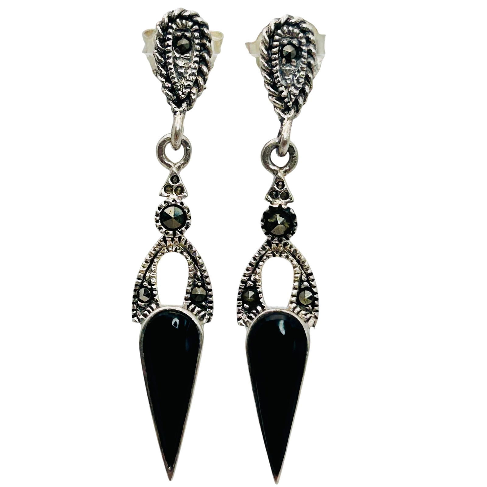 Sterling Marcasite And Onyx Pointed Dangle Earrings: ONYX MARCASITE Sterling pointed dangle earrings. 3.57 g.