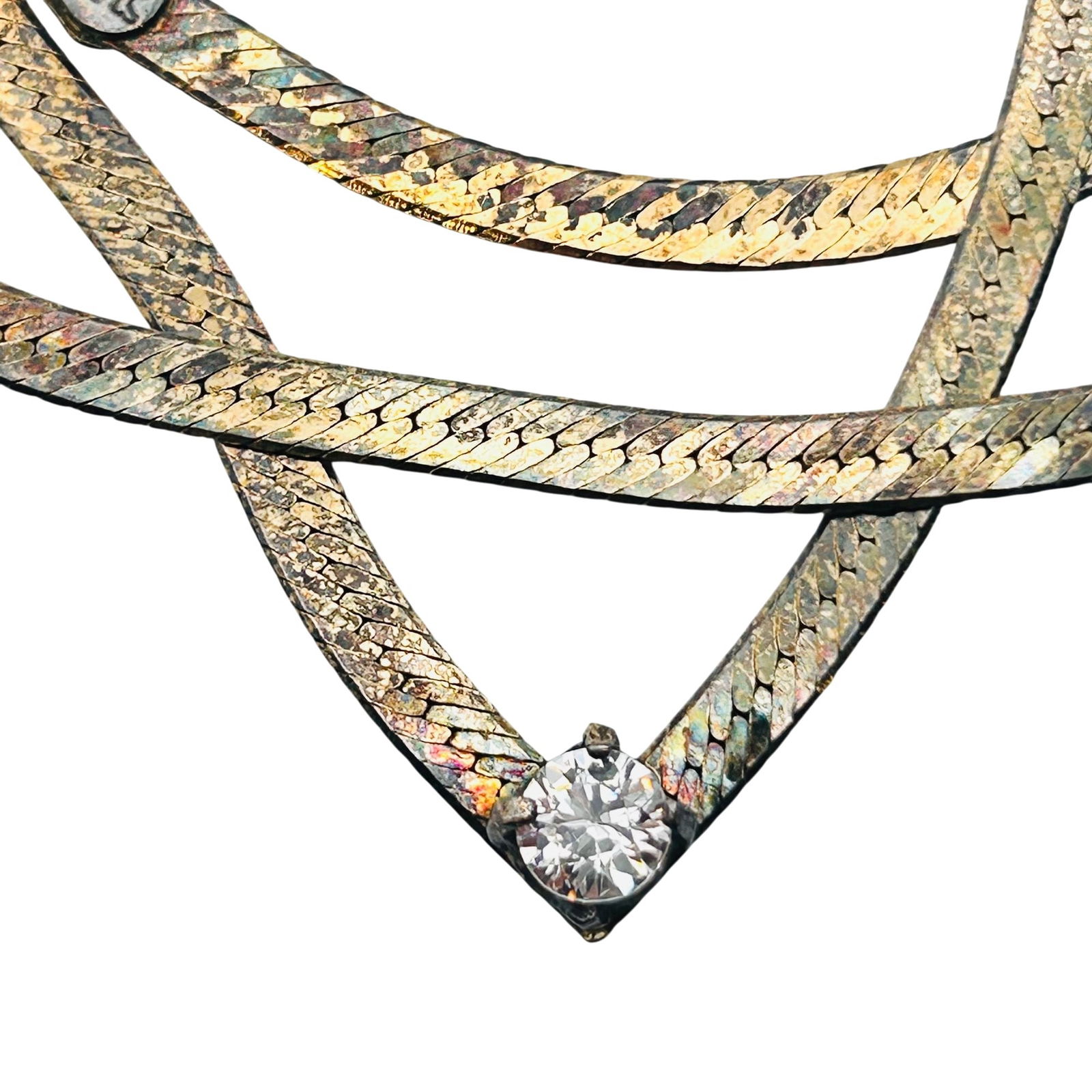 FMC Italy Sterling Flat New Chain Clear Stone Necklace: FMC Italy Sterling flat new chain clear stone pendant. Flat snake chain Necklace. 6.40g. 17 inches.