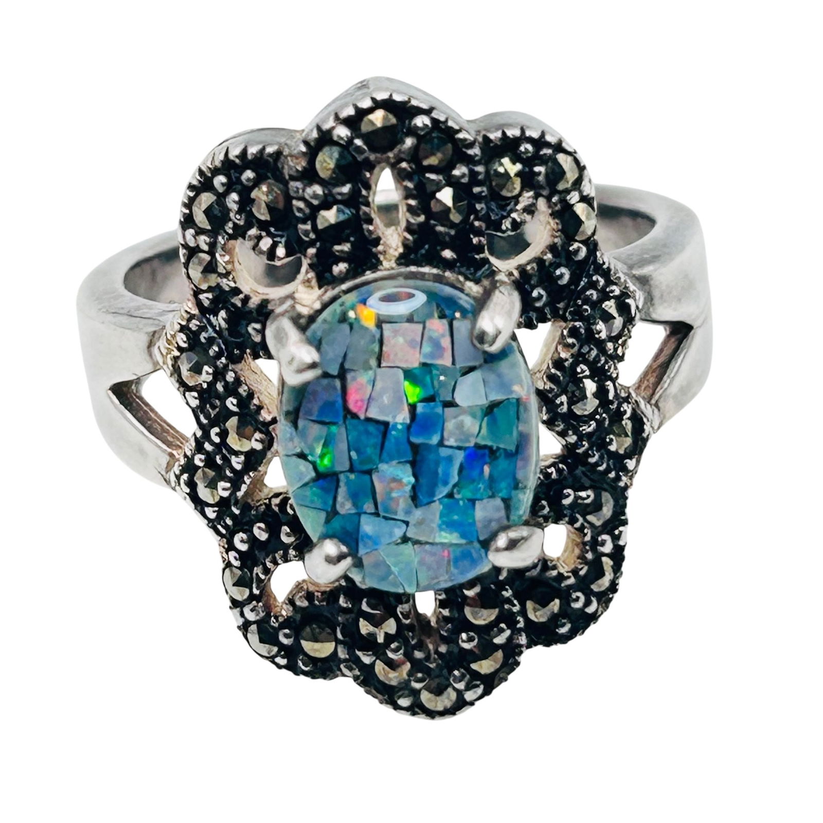 Sterling Marcasite And Mosaic Opal Ring Size 7.5: MOSAIC OPAL MARCASITE Sterling ring. Size 7.5. 7.08g