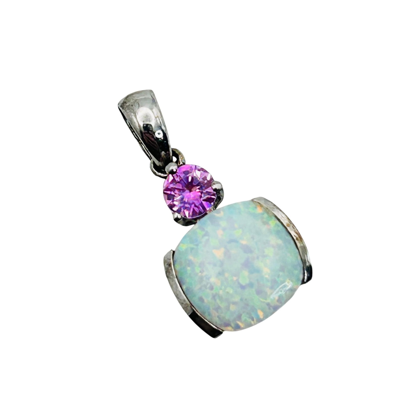 STS Sterling Pink Topaz And Opal Pendant: STS OPAL pink TOPAZ sterling pendant. 0.82 g.