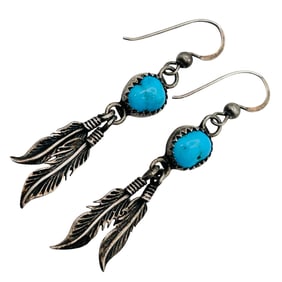 Native Sterling Turquoise Dangle Feather Earrings