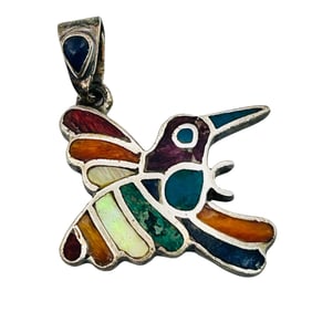 950 Silver Inlay Multi-Gemstone Bird Pendant