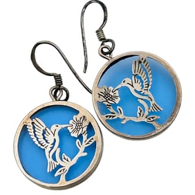 Sterling Hummingbird And Flower Cut Out Earrings