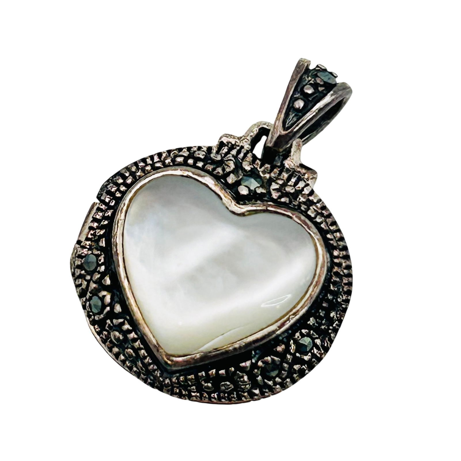 FAS Sterling Mother Of Pearl And Marcasite Heart Locket Pendant (1 of 6)