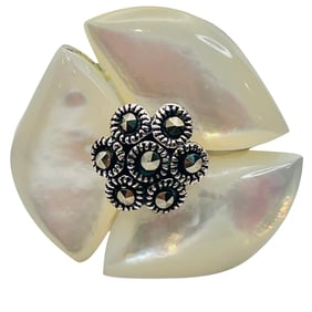 Sterling Mother Of Pearl And Marcasite Flower Ring Size 5.5
