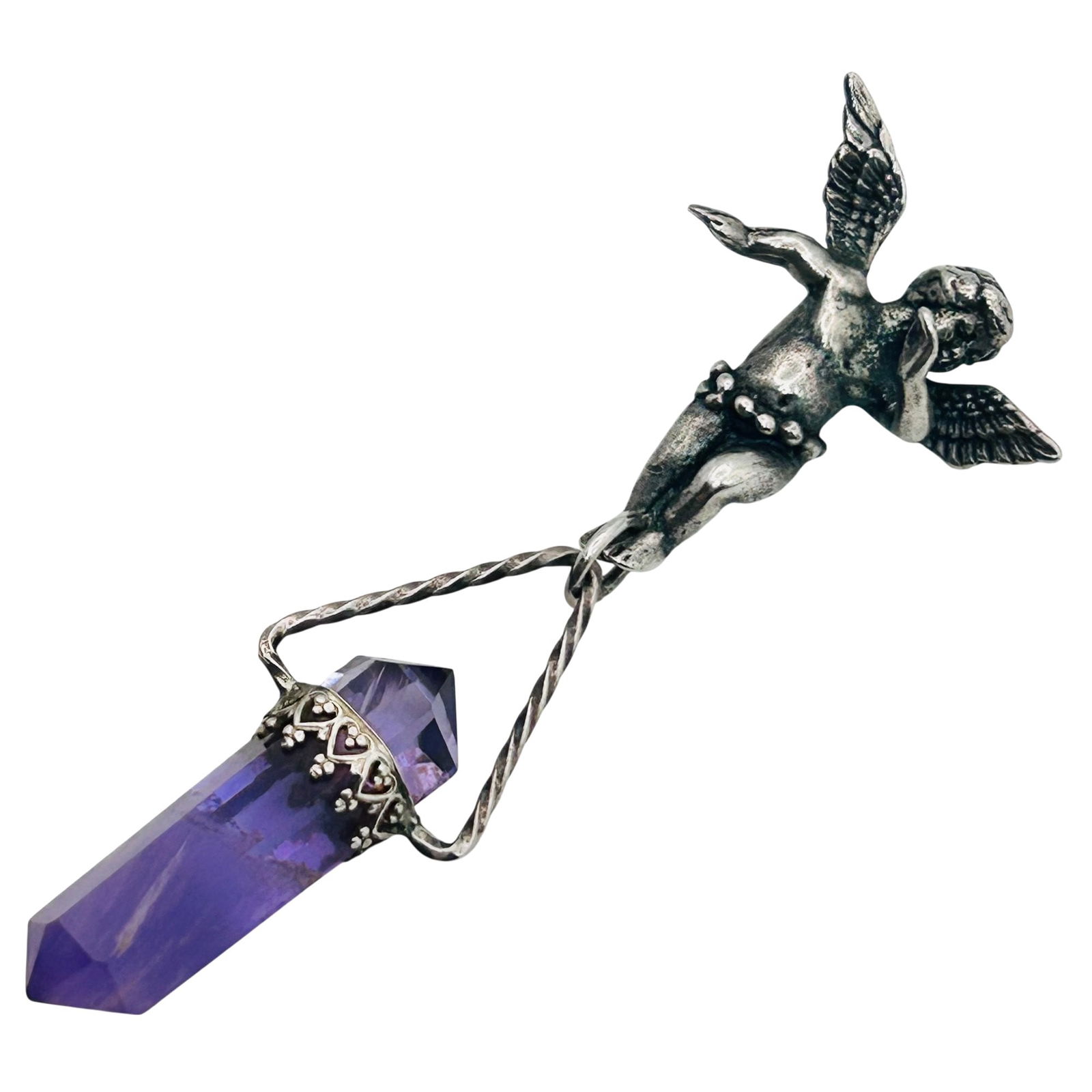 TJF Sterling Amethyst Crystal Angel Pendant: TJF AMETHYST Sterling angel pendant. 9.81g